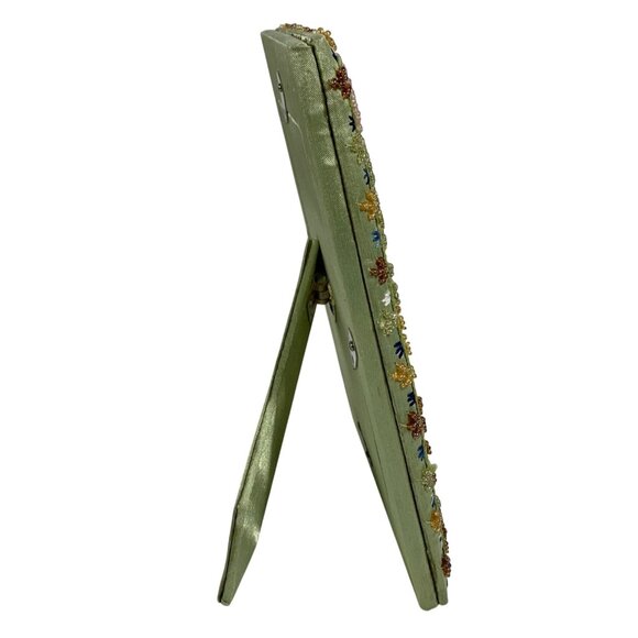 Ornate Beaded Picture Photo Frame Green Satin Fabric Sequins Floral Boho - Picture 5 of 8